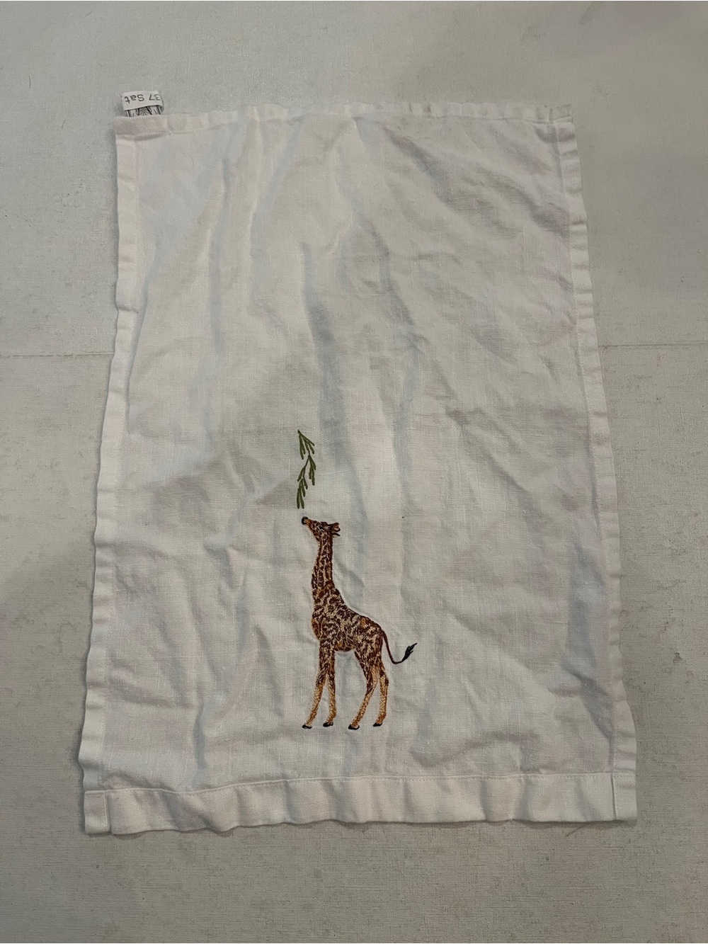 Embroidered Giraffe White Linen Tea Towel. Classic